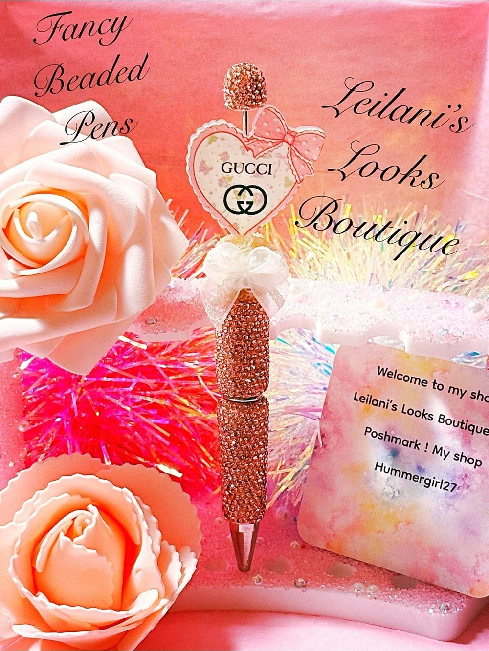 Fancy beaded Pen/gifts/pink heart/polka dot bow/pink flower/bow